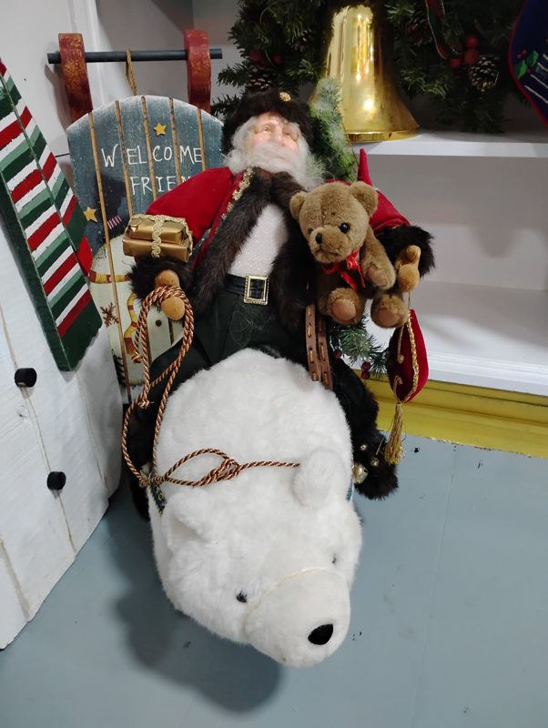 Santa Riding White Polar Bear with Teddy Bear