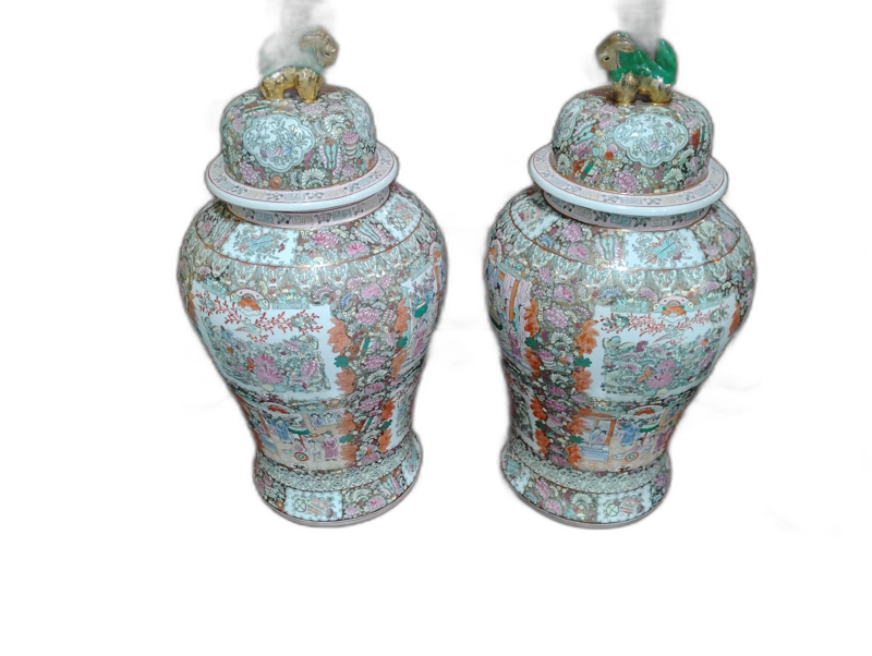 Pair of Large Rose Medallion Lidded Jars with Foo Dog Finials