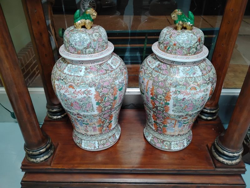 Pair of Large Rose Medallion Lidded Jars with Foo Dog Finials (2)