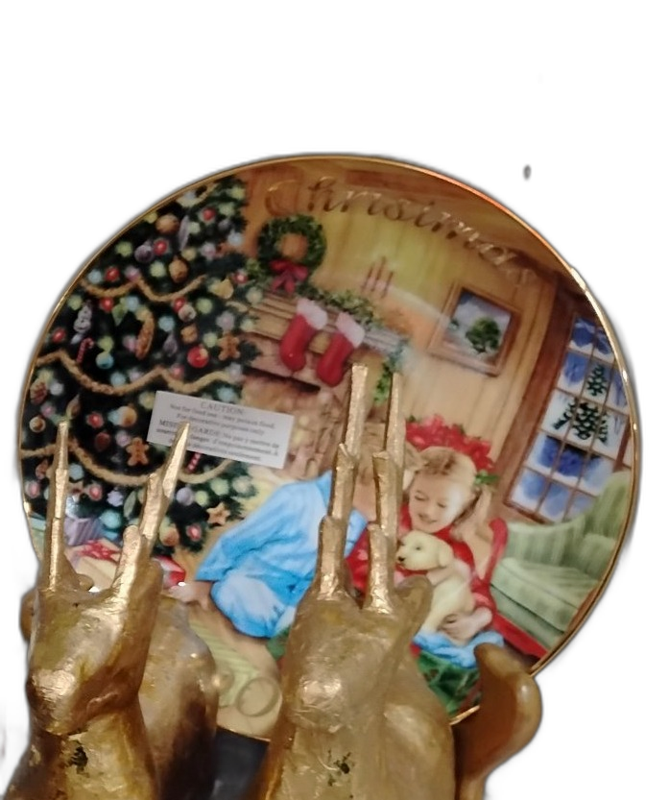 Christmas Decorative Plate - Tree, Stockings and Children, Gold Rim
