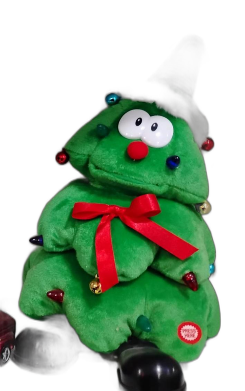 Animated Plush Christmas Tree Toy with Face and Red Bow