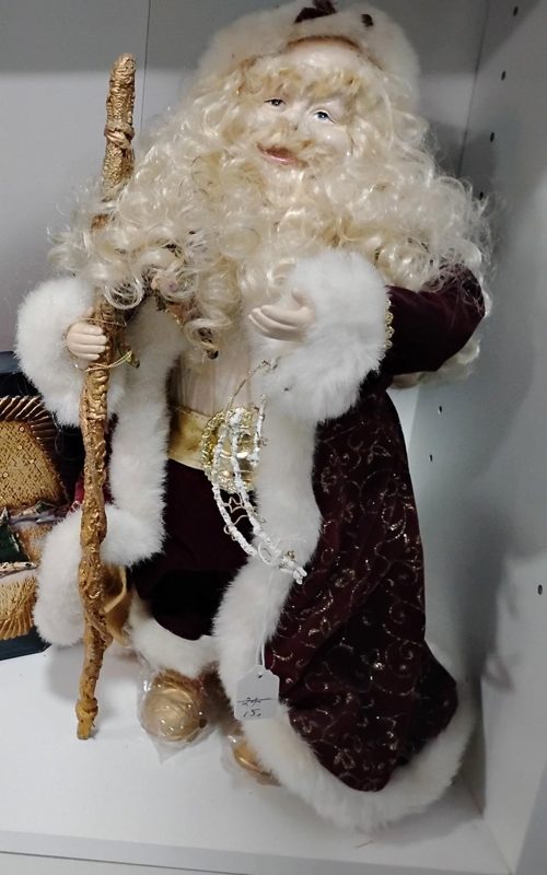 Large Santa Doll - Burgundy Velvet with White Fur Trim and Gold Staff