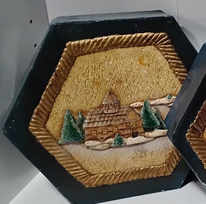 Hexagonal Winter Cabin Plaques - Pair, Moon and Star