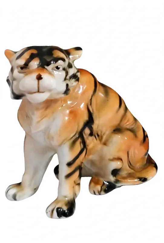 Ceramic Tiger Figurine - Sitting, Orange and Black