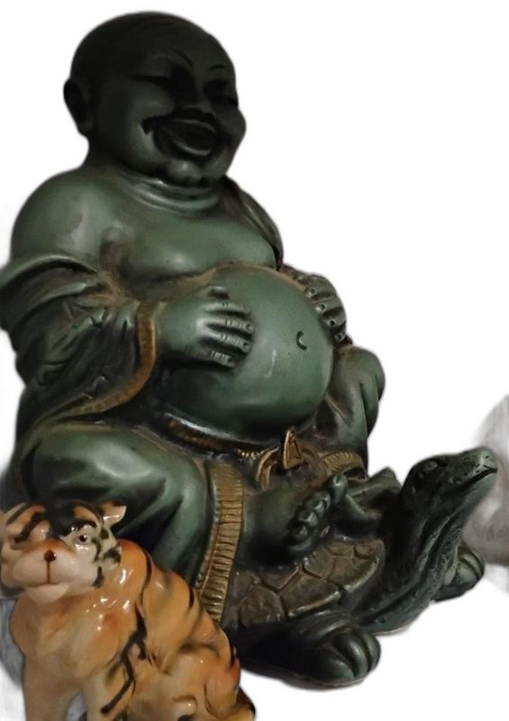 Large Green Laughing Buddha Figurine with Turtle at His Feet