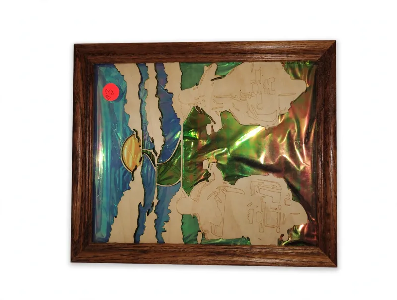 Framed Iridescent Wood-Cut Art