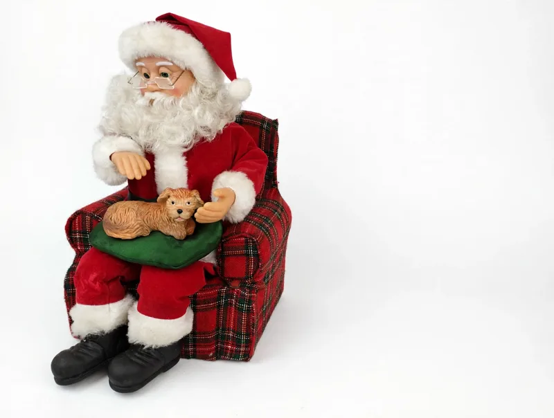 Large Santa Doll in Plaid Chair with Dog