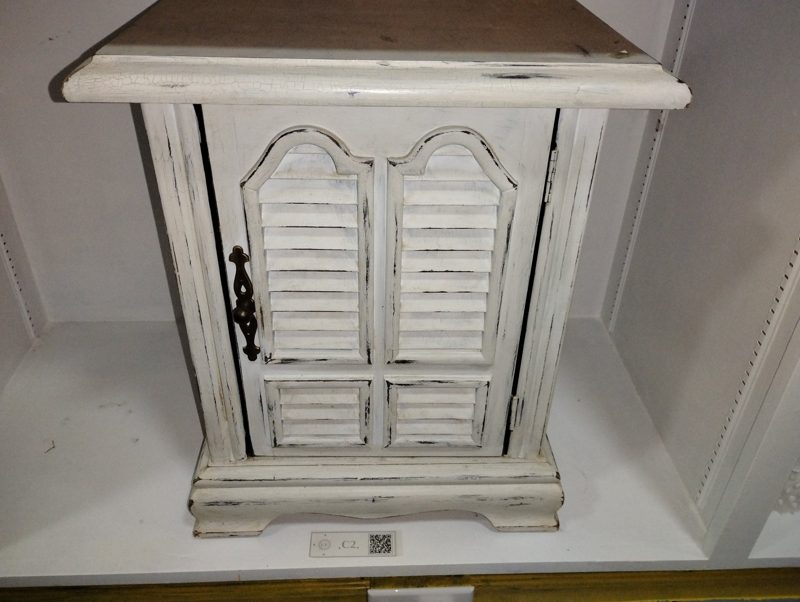 White Distressed Cabinet with Louvered Doors