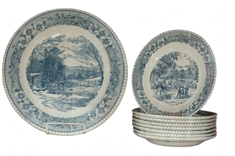 Blue Transferware Dinner Plates - Set