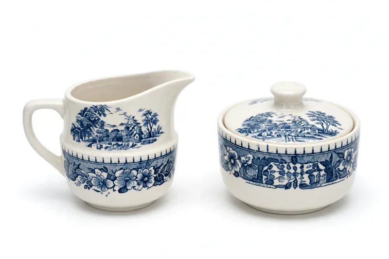 Blue Transferware Creamer and Covered Sugar Bowl