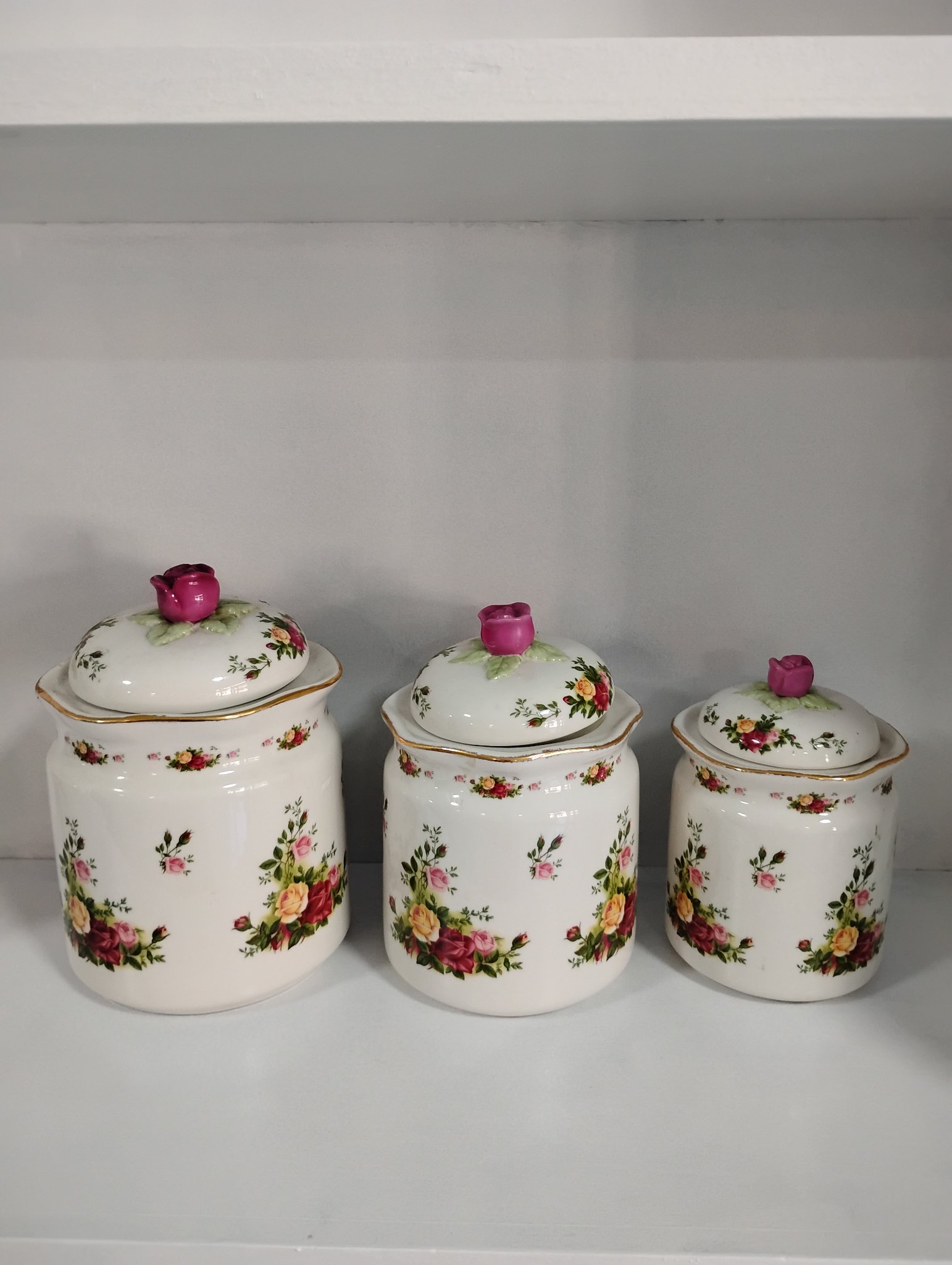 Royal Albert Old Country Roses - three canisters with rose lids (large, medium, small)